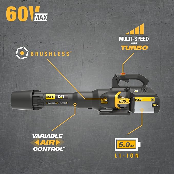 Cat DG651 60V 800 CFM 170 MPH High-Powered Leaf Blower Cordless Adjustable Speed Blowers for Lawn Care Lightweight Cordless Leaf Blower with Variable Air Control – Battery &amp Charger Included