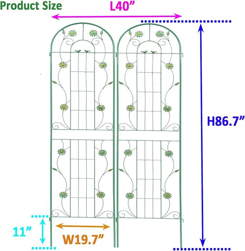 2 Pack 86.7 x 19.7 Metal Garden Trellis for Climbing Plants Rustproof Powder-Coated Steel Outdoor Flower Support with Elegant Bird &amp Leaf Design Easy to Assemble (2 Green)