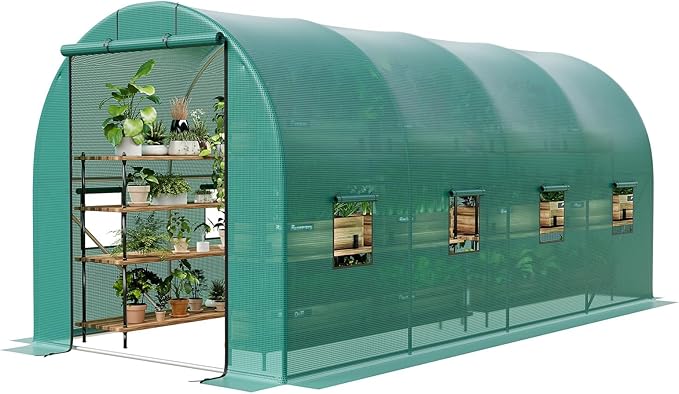 Walk-in Tunnel Greenhouse 6.5 x 15 x 6.5 FT Large Outdoor Greenhouse with Door &amp Vent Windows Heavy-Duty Frame and Green PE Cover for Backyard Gardening