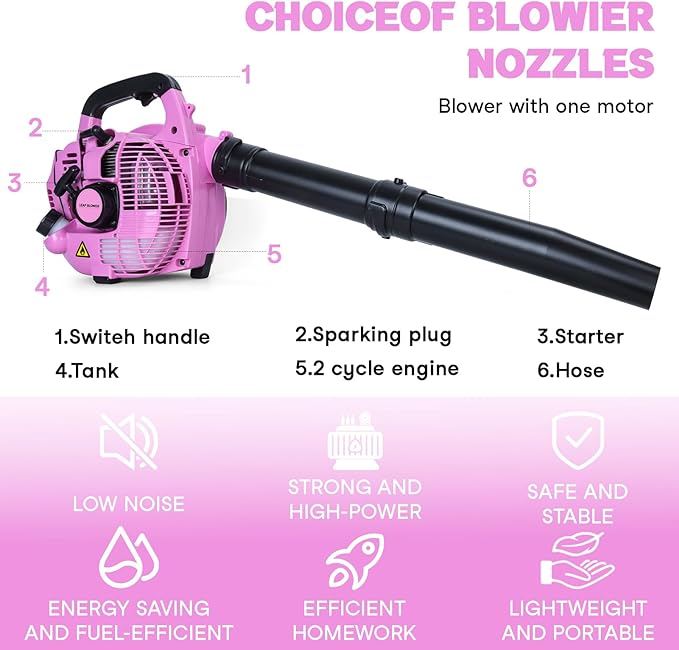 Handheld Gas Leaf Blower 2-Stroke Gas Powered Leaf Blower 26cc Gasoline Grass Sweeper Powerful Clearing Blower for Lawn Care Snow Blowing &amp Yard Cleaning (Pink)