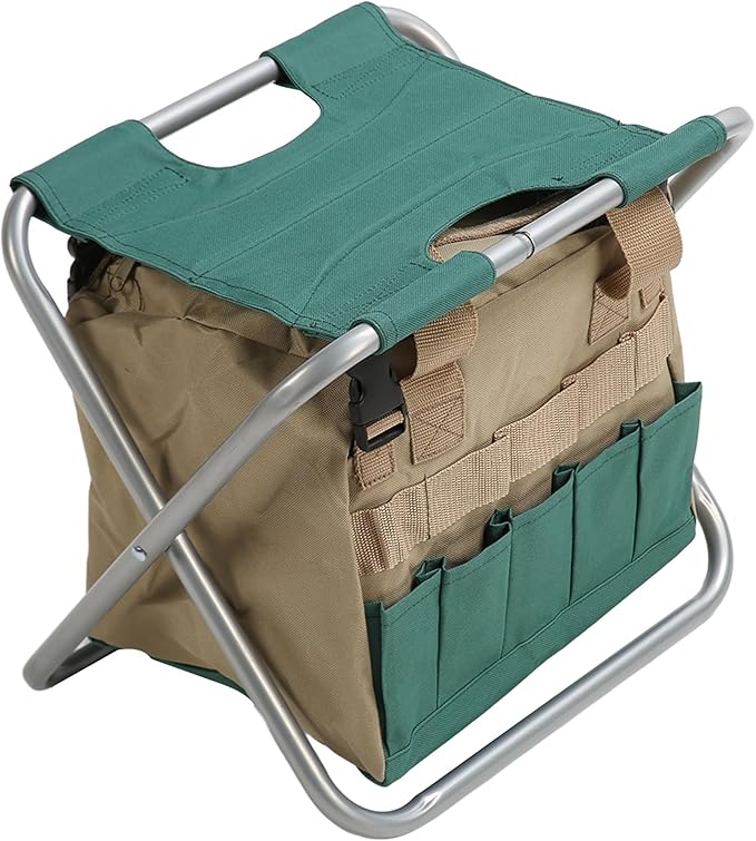 Heavy Duty Folding Backpack Stool Gardening Folding Stool with Detachable Storage Bag 600D Oxford Cloth Portable Garden Tool Stool for Gardeners and Patio Use (Silver)