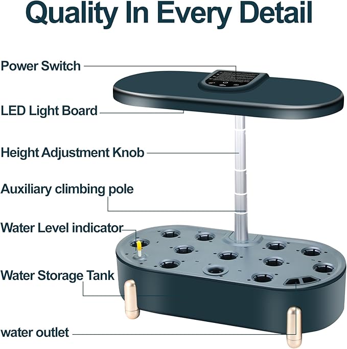 Hydroponics Growing System Indoor Garden 12 Pods Plant Germination Kit Aeroponic Herb Vegetable Growth Lamp Countertop with LED Grow Light (Blackish Green)