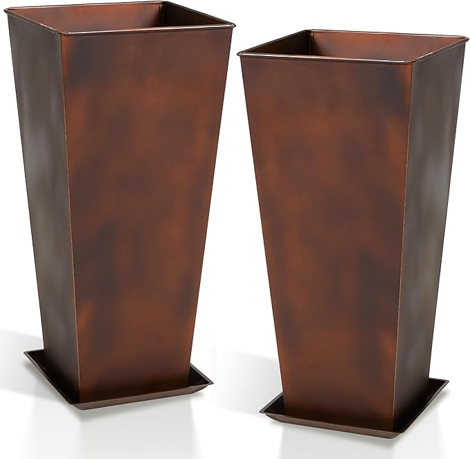 Worth Garden 12 Dia x 25 H Large Metal Planter Set of 2 Matte Bronze Retro Finish Tall Square Tapered Steel Plant Pots Decor Flower Pot Indoor &amp Outdoor Drainage Hole &amp Dual-Purpose Plant