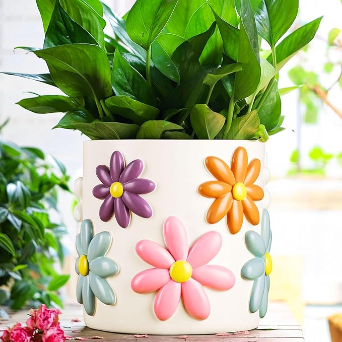 GUGUGO 8 Inch Daisy Planters Decorative Large Plant Pots with Drainage Holes Funny Unique Flower Pot for Indoor Plants Colorful Gardening Pot for Boho Modern Home Décor White