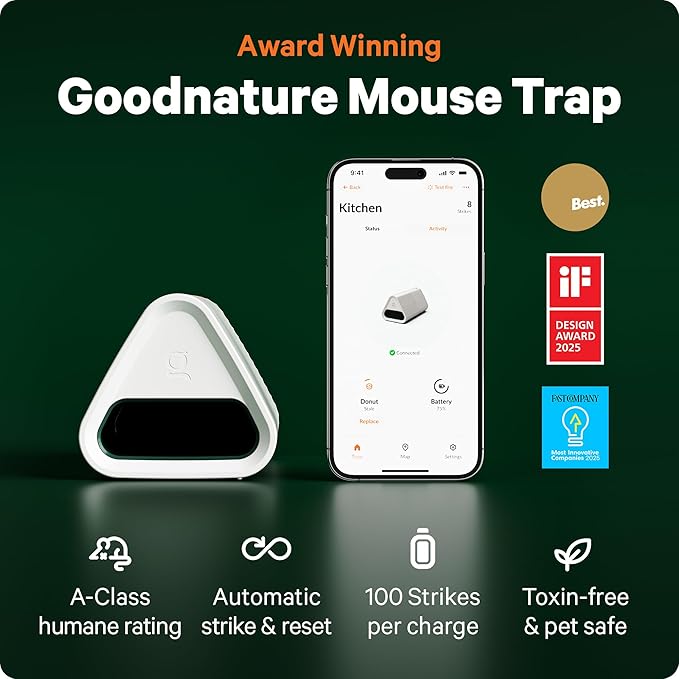 Goodnature Mouse Trap Self-Resetting Rechargeable Toxin-Free Pet &amp Kid Safe Indoor Use Bluetooth Connected App Compatible Ideal for Home Kitchen &amp Food Areas