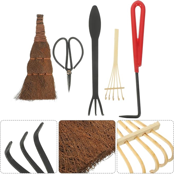 TEHAUX 5pcs Garden Tool Set with Pruning Scissors Rake and Hand Trowel for Bonsai and Potted Plants Sturdy Gardening Hand Tools Kit for Soil Loosening and Plant Trimming in Backyard