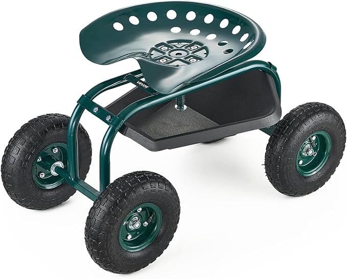 VEVOR Rolling Garden Cart with Swivel Seat Heavy Duty Garden Seat with Storage Basket &amp Tool Tray 300 lbs Weight Capacity Outdoor Utility Gardening Stool Scooter for Lawn Yard Planting Weeding