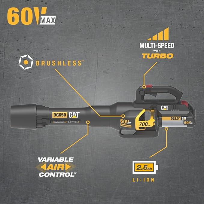 Cat DG650 60V 700 CFM 135 MPH Leaf Blower Cordless with Battery and ChargerAdjustable Speed Blowers for Lawn CareLightweight Cordless Leaf Blower with Variable Air Control Battery&ampCharger Includ