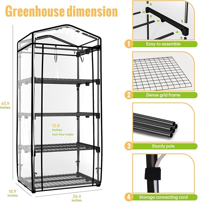 Indoor Greenhouse with Grow Light 4 Tier 1.6FT 80W Full Spectrum Grow Light with Timer Portable Plant Shelves with Waterproof PVC Cover for Seed Starting 26.4L X 19W X 61H