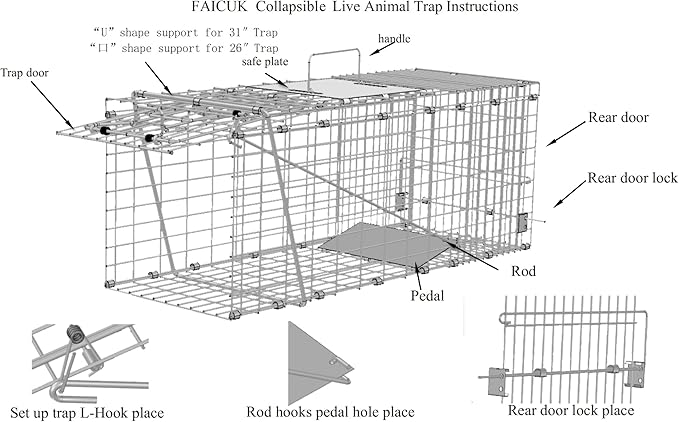 Faicuk Large Collapsible Humane Live Animal Cage Trap for Raccoon Opossum Stray Cat Rabbit Groundhog and Armadillo 32 x 11 x 13 Inch