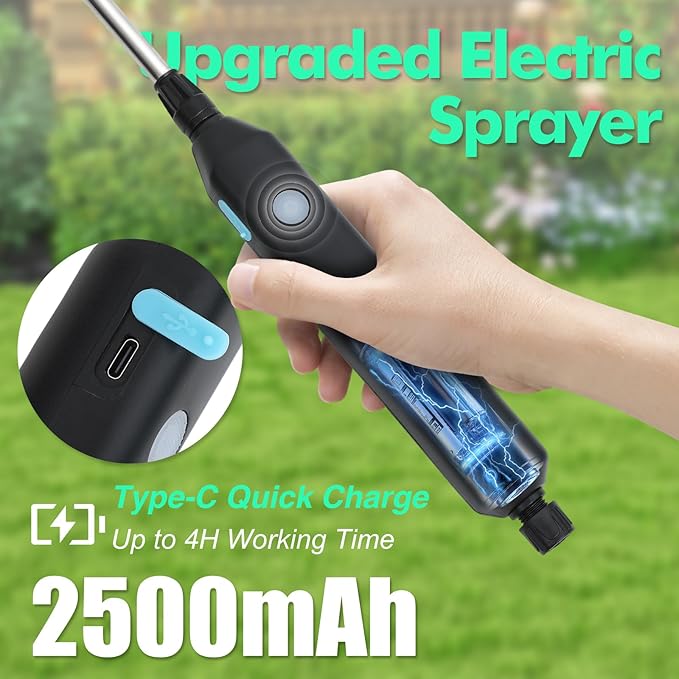 Battery Powered Sprayer 2 Gallon Electric Garden Sprayer with 3 Copper Nozzles 4 Spray Modes Type-C Rechargeable 30-60cm Retractable Wand Shoulder Strap for Lawn &amp Garden
