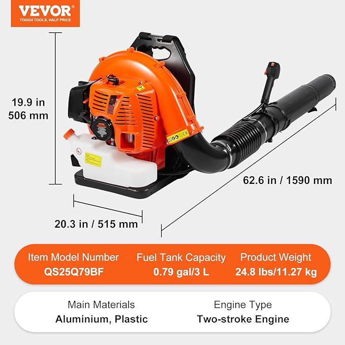 VEVOR 79cc Backpack Gas Leaf Blower 2-Cycle Gas Powered Backpack Blower with 3L Fuel Tank 930CFM Air Volume 184MPH Speed Ideal for Lawn Care