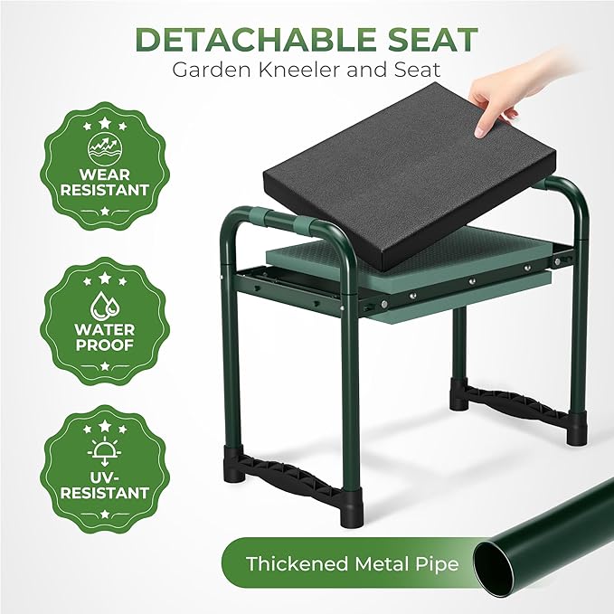 Walensee Foldable Garden Kneeler and Seat with Cross-Body Tool Bag &amp Removable Tool Pouch Heavy Duty Garden Stool with Soft Leather Kneeling Pad No Assembly Ideal Gardening Gift for Women &amp