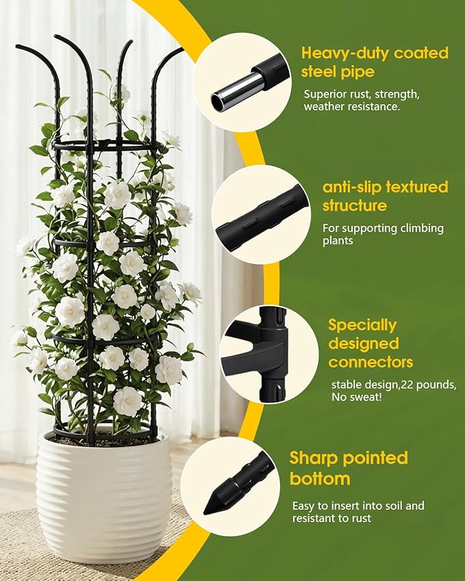 Joyhalo 2 Pack Trellis for Climbing Plants Outdoor 74 Inch High Adjustable Garden Trellis for Flowers Black Plastic Coated Steel Plant Stakes Use As Tomato Cage