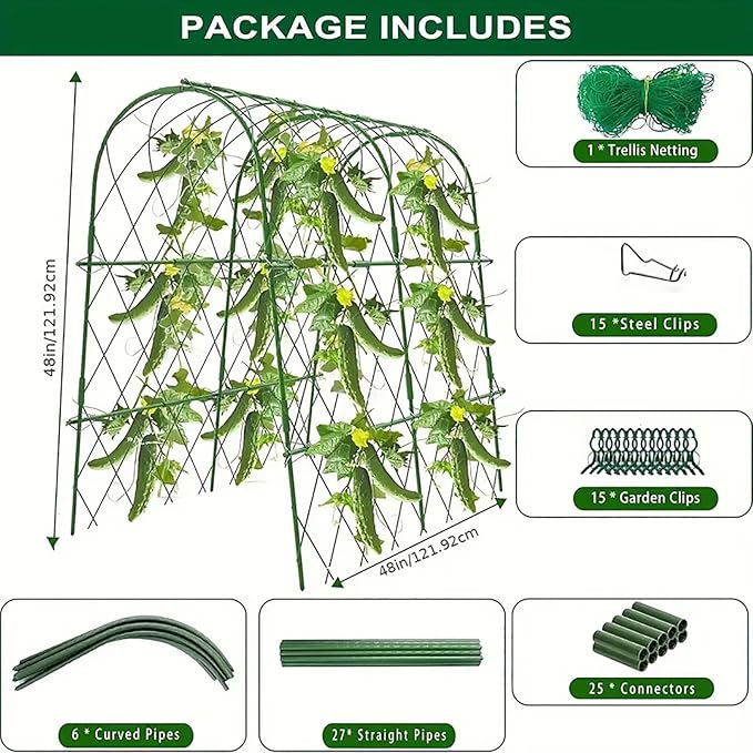 Cucumber Trellis for Raised Bed U-Shape Garden Trellis for Climbing Plants Outdoor with Climbing Net and Plant Support Clip for Tomato Bean Grape Zucchini63 x 47 Inch