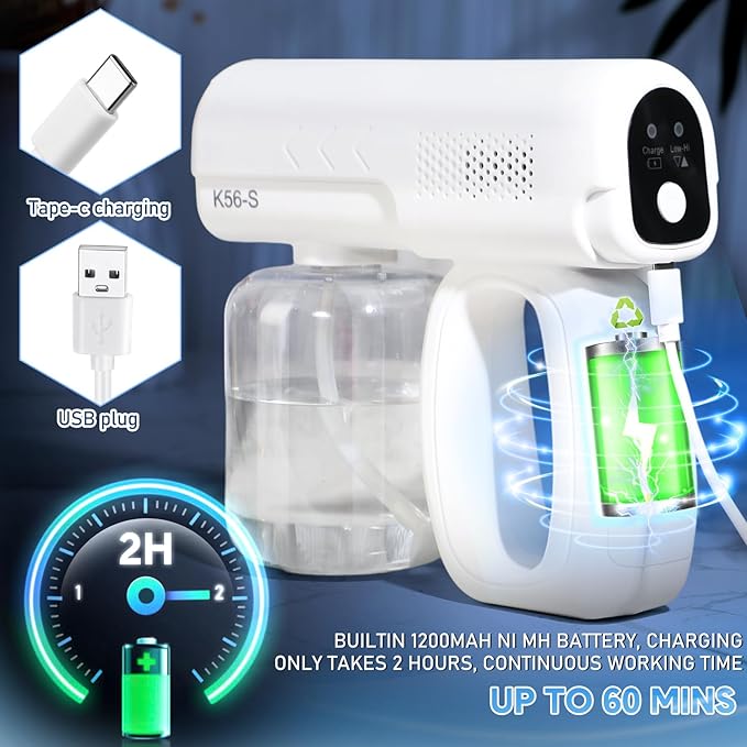 Qualirey 2 Pack Rechargeable Atomizer Sprayer Gun Handheld Nano Spray Cordless Steam Large Capacity Electric Fogger Machine for Car School Home Hotel 1200mAh