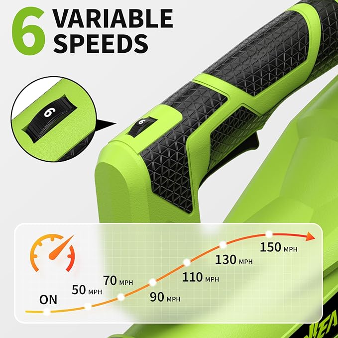 Leaf Blower Cordless 500CFM/150MPH Cordless Leaf Blower with 2 x 4.0Ah Batteries &amp 3 Tubes 6 Speed Modes Electric Leaf Blowers Battery Powered for Cleaning Patio Yard Garage Lawn (Green)