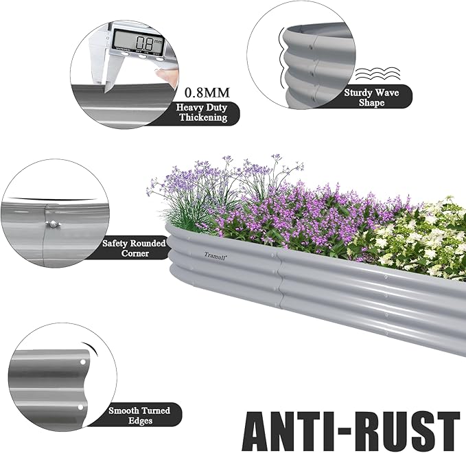 12x2x1ft Galvanized Raised Garden Bed 12 Tall Metal Raised Beds for Gardening Kit Bottomless Above Ground Planter Boxes for Outdoor Plants Vegetables Flowers Herbs Fruits Rust Resistant Grey