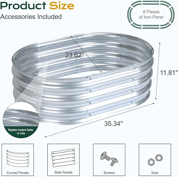 Aoodor Galvanized Raised Garden Bed Kit 3 x 2 x 1 Ft Oval Planter Box for Vegetables Flowers and Herbs Outdoor Use Silver