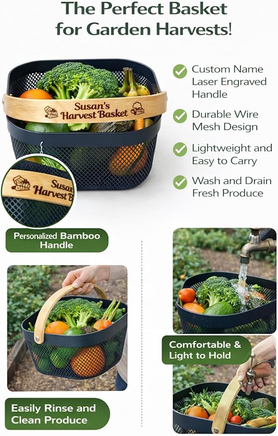 Harvest Basket Plastic Mesh Garden Hod with Personalized Bamboo Handle – Lightweight Vegetable Harvest Basket for Gardening Washing and Carrying Produce