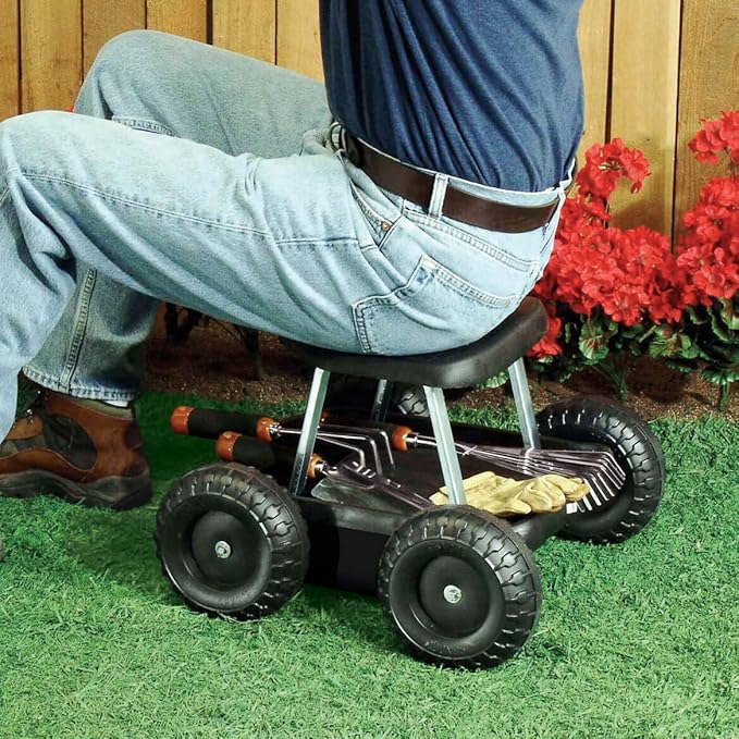 Rolling Garden Cart Scooter with Seat and Utility Tool Storage Tray Black