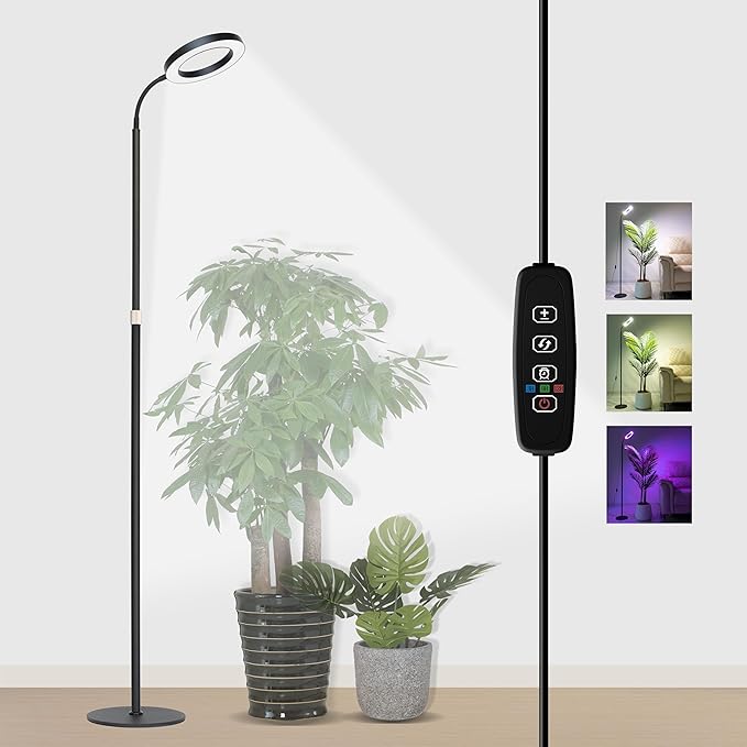 Grow Light for Indoor Plants Full Spectrum LED Halo Plant Lights with Stand Floor Standing Growing Lamp with Adjustable HeightAuto Timer for Tall Large Plant (20W-Black)