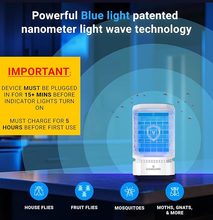 GlowGuard Cordless Flying Insect Trap Catches Fruit Flies Indoor Gnat Killer Magnet for Moths &amp Mosquitos in Dark 1 Rechargeable Bug Trap + 4 Dual-Sided Sticky Pad Refills 30hr Battery (White)