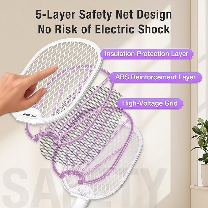 BALDR Electric Fly Swatter Racket Foldable 2 in 1 Bug Zapper 3000V Powerful Mosquito Killer with Purple Attractant Trap Lamp 1200mAh Type-C Rechargeable for Indoor Home Office Patio Camping 2 Pack