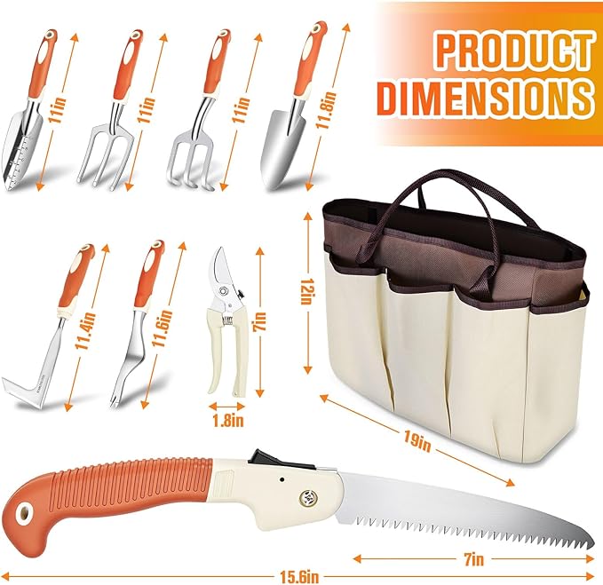 Garden Tool Set - 10 PCS Heavy Duty Stainless Steel Gardening Tools Set with Storage Bag Gardening Kit Ideal Gardening Gifts for Women &amp Men Indoor/Outdoor Use for Digging Planting Pruning