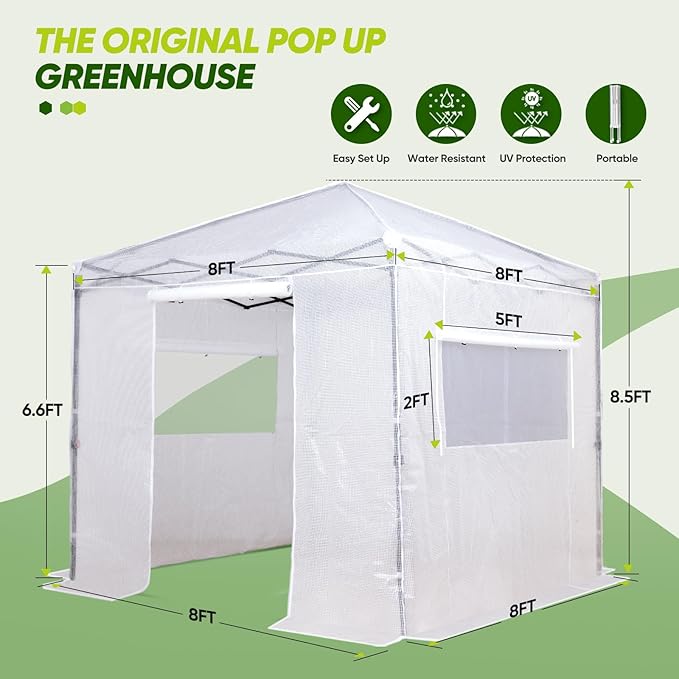 EAGLE PEAK 8x8 Portable Walk in Greenhouse Pop Up Indoor Outdoor Greenhouse Green House Kit with Zippered Roll-Up Doors and Windows PE Cover Clear/White