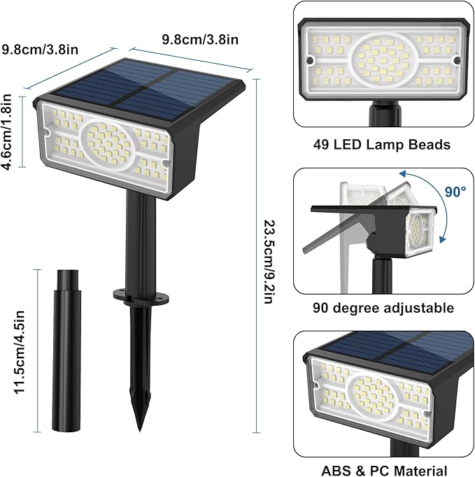 T-SUN Solar Spot Lights Outdoor 4 Pack 49 LED 2 Lighting Modes IP65 Waterproof Landscape Spotlights 2 in 1 Auto On/Off Solar Lights for Yard Garden Driveway Pathway (White)