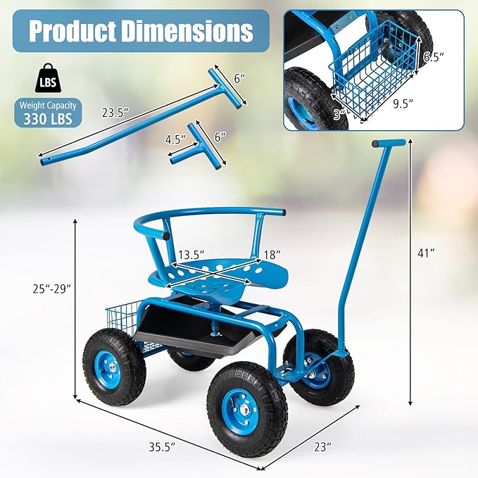 Goplus Rolling Garden Seat with Wheels Outdoor Garden Cart with 360° Swivel Seat &amp Tool Storage 2 Steering Handles Gardening Stool Wagon Scooter Lawn Patio Gardening Workseat for Seniors
