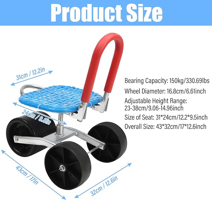 Rolling Garden Cart with Seat Yard Stool for Planting Rolling Scooter with 3 Wheels Adjustable Seat Height 360° Degree Swivel Yard Chair