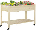 Raised Garden Bed 47 x 22 x 33 Elevated Wooden Planter Box w Lockable Wheels Storage Shelf and Bed Liner for Backyard Patio Natural
