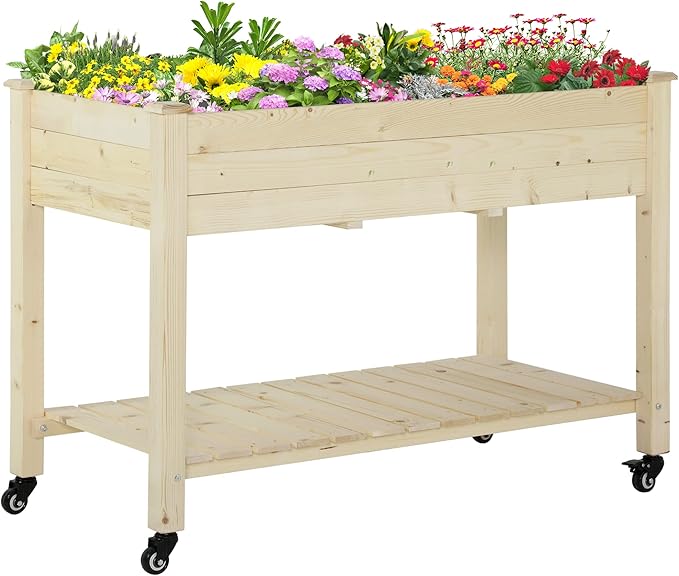 Raised Garden Bed 47 x 22 x 33 Elevated Wooden Planter Box w Lockable Wheels Storage Shelf and Bed Liner for Backyard Patio Natural
