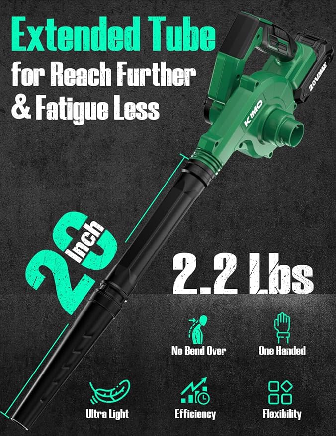 K I M O. Cordless Leaf Blower and Vacuum Combo 4 In 1 3 Nozzles for Inflation and Deflation 190MPH/260CFM Smart Panel with 3 Modes 20 Extended Tube 2000mAh Battery Cordless Blowers for Lawn Care