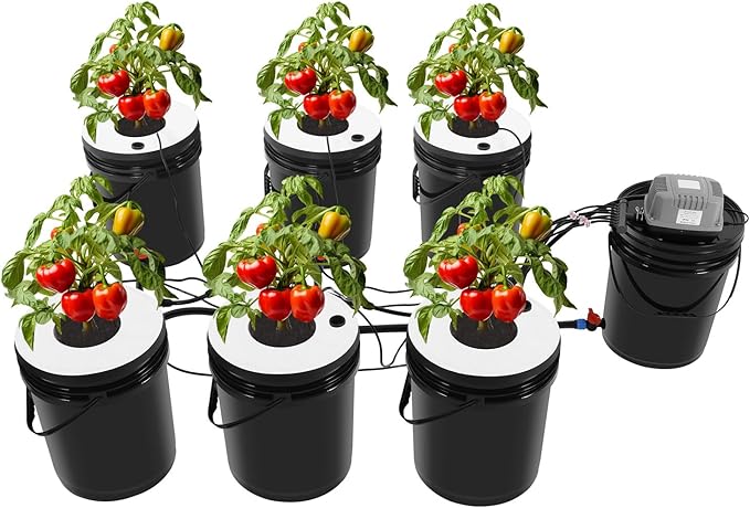 DWC Hydroponics Grow System 5 Gallon 7-Bucket Deep Water Culture Growing Bucket with Pump Air Stone and Connected Reservoir DWC Hydroponic System Kit for Growing Plants Indoors and Outdoors