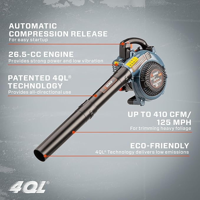 SENIX 26.5cc Gas Leaf Blower 4-Cycle Engine Handheld Gas Powered Blower 410CFM &amp 125MPH 7000RPM for Lawn Care Leaf &amp Debris Cleanup Driveways