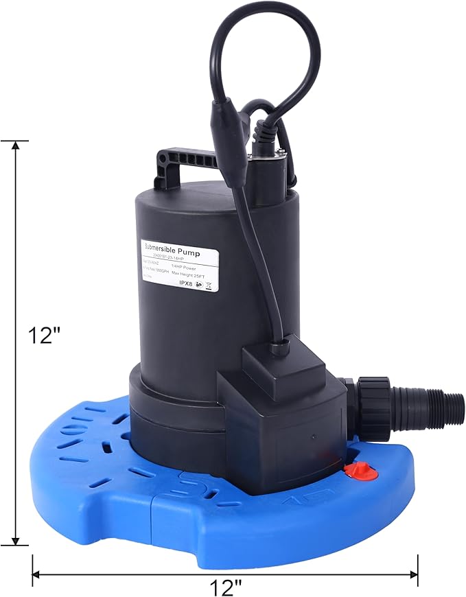 1/4 HP Automatic Swimming Pool Cover Pump 120 V Submersible with 3/4 Check Valve Adapter1850 GPH Water Removal for Pool Hot Tubs Rooftops Water Beds and more