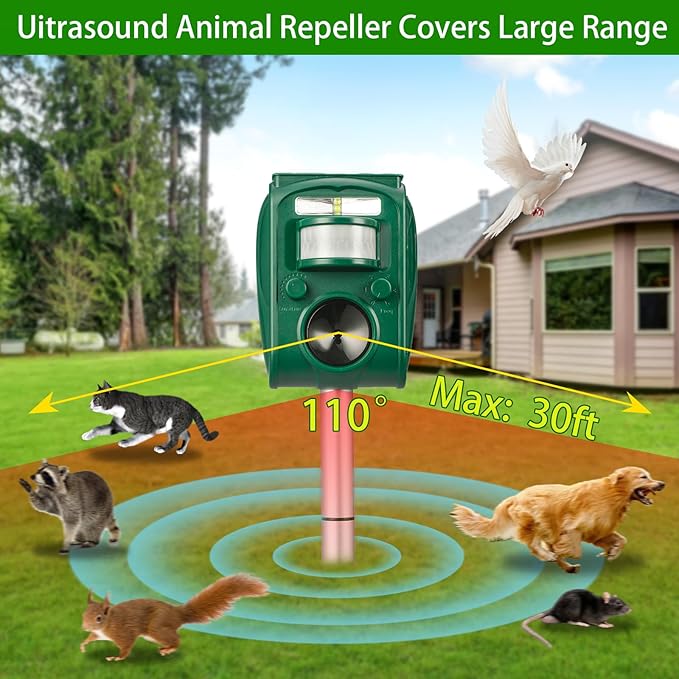 Solar Ultrasonic Animal Repellent Outdoor Squirrel Deer Repellent Devices Motion DetectionIP65 Waterproof Cat Mouse Raccoon Dog Bird Repellent Deterrent 2 Pack