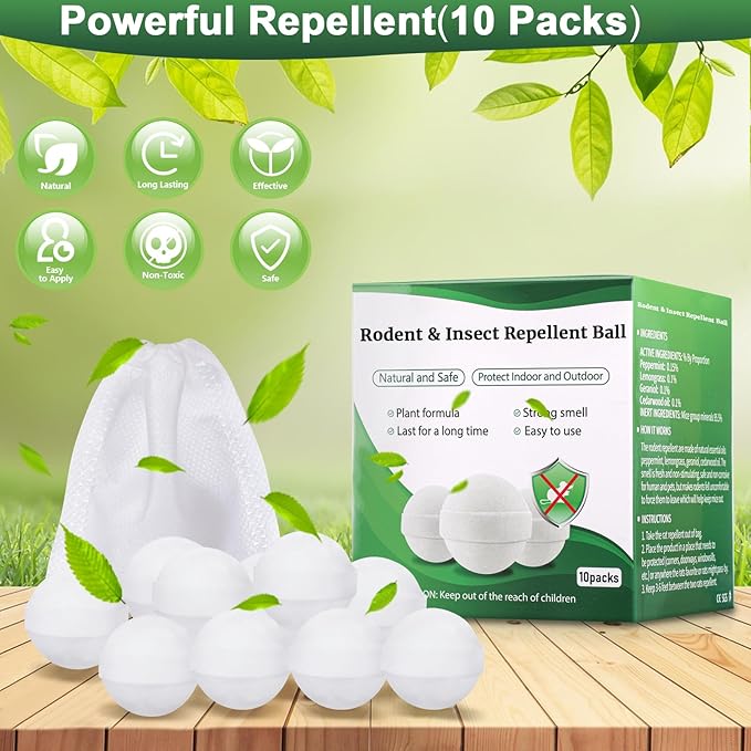 Mouse and Mice Repellent Indoor Outdoor 10 Packs Moth Balls Peppermint Balls for Rodent Long-Lasting Squirrel Repellent Safe for Human &amp Pets Suitable for Home Storage Garage Car RV