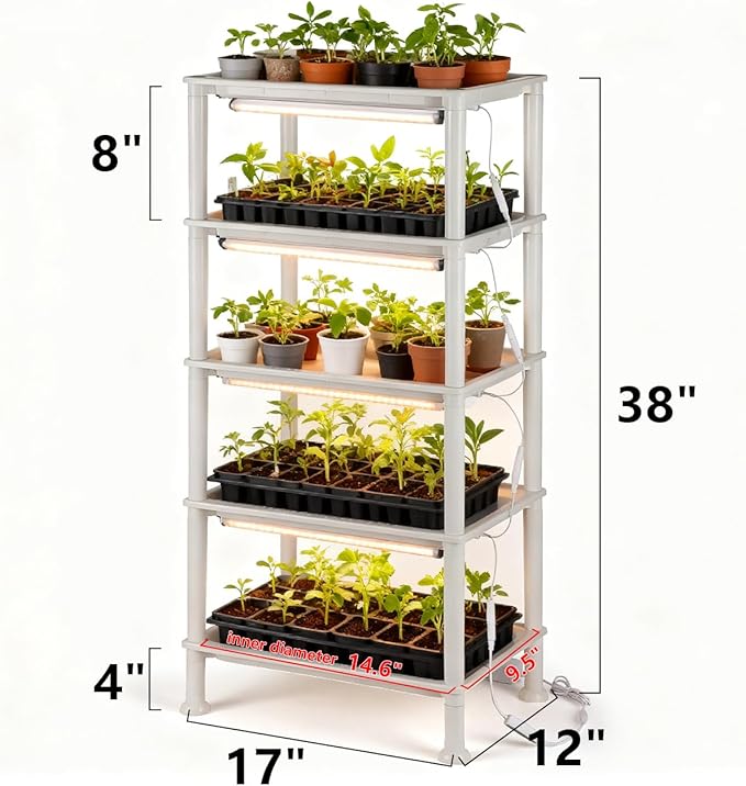 5-Tier Seed Starter Trays Plant Stand with LED Grow Light (Auto-Timer) Bottom Watering Designed for Indoor Greenhouse Plants Fits Small Pots &amp Seedling Cell Trays - White