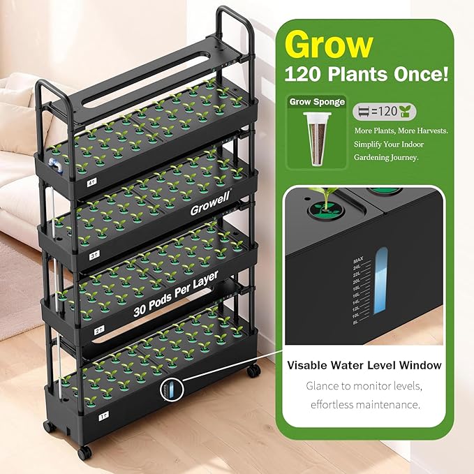 Large Hydroponics Growing System Kit 120 Pods Vertical Indoor Herb Garden Kit with 2 Light Modes &amp Auto Circulating Water System 48L Movable Indoor Gardening System for Herb Vegetable Fruit