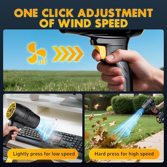 Electric Leaf Blower Cordless with 21V 2 * 3000mAh Batteries and Charger 400000RPM Handheld Battery Powered Leaf Blower One-Touch Speed Adjustment Lightweight Turbo Blower for Yard PatioGarage