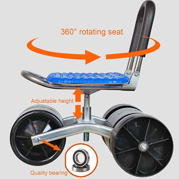 Garden Rolling Stool seat Adjustable 360° Rotating Work seat with Wheels for Courtyard Portable Garden Scooter