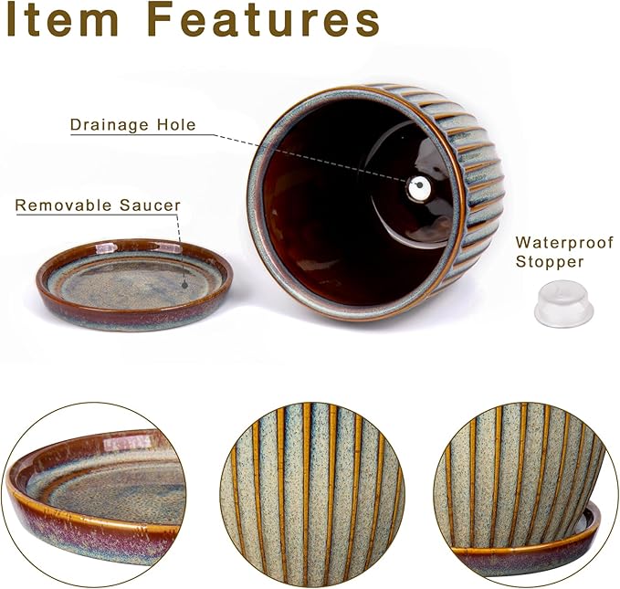 Oairse Ceramic Pots for Indoor Plants 4.9 +5.7 inch Set of 2 Brown Plant Pots with Drainage Holes and Saucers Texture Ceramic Planters Indoor Outdoor Flower Planters for Succulent