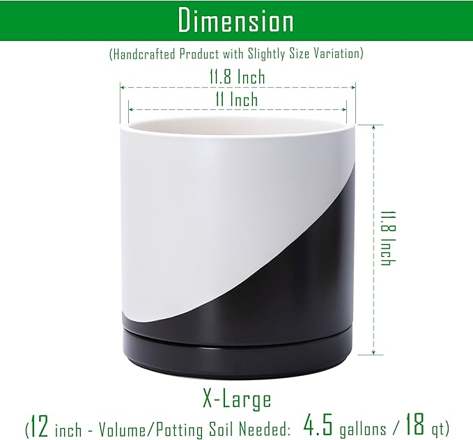 D'vine Dev 12 Inch Ceramic Planter Pot with Drainage Hole and Saucer Indoor Cylinder Round Planter Pot Oblique Monochrome Black and White 94-O-F-K