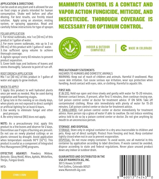 Mammoth Control - Concentrated Miticide Fungicide and Insecticide - Made with Thyme Oil (500 ml)
