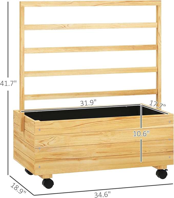 Outsunny Raised Garden Bed with Trellis and Wheels Outdoor Wooden Elevated Planter Box Freestanding Raised Flower Bed for Climbing Plants Flowers Herbs and Vegetables Natural