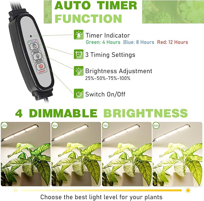 FOXGARDEN Grow Lights Full Spectrum Four-Head Plant Lights for Indoor Growing with Flexible Gooseneck 208 LEDs Clip Grow Lamp with 4/8/12H Timer 4 Brightness Levels Ideal for Indoor Growth